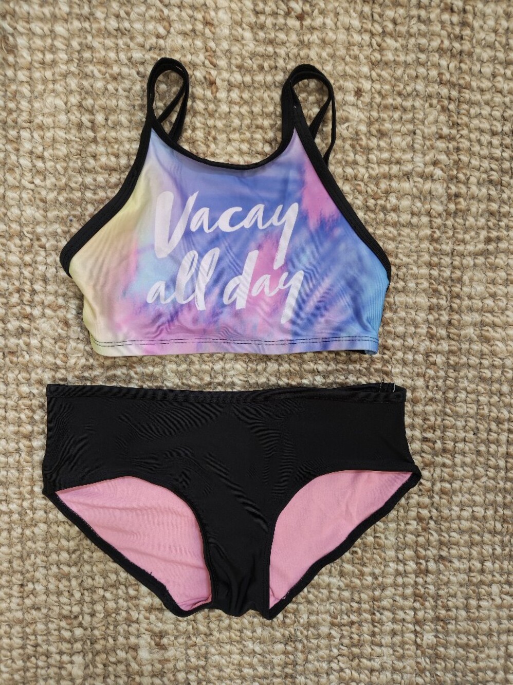 Kids Two-Piece One-Piece Style Swim Set in Black and Pastel Tie-Dye
